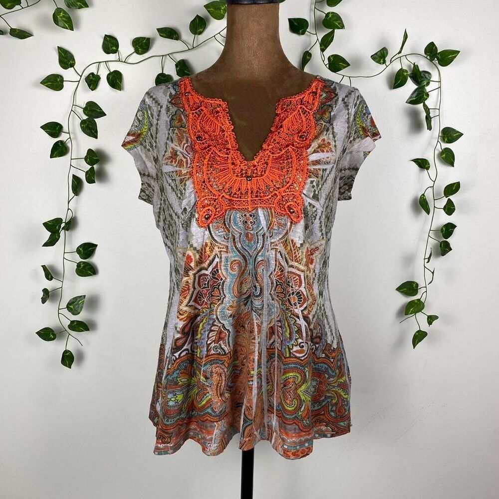 One World y2k indie grunge scrollwork Print Blouse crochet Lace Trim hippie